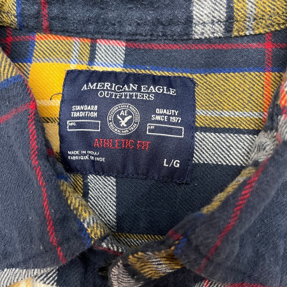 American Eagle Flannel Shirt Mens L Yellow Navy Plaid Athletic Fit Button Down - Picture 4 of 10
